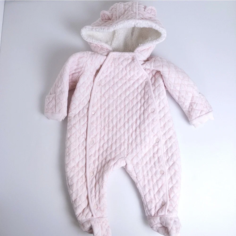 Nordstrom Quilted Heart Pram Suit Baby 6M Pink Fleece Hood‎ Bear Ears